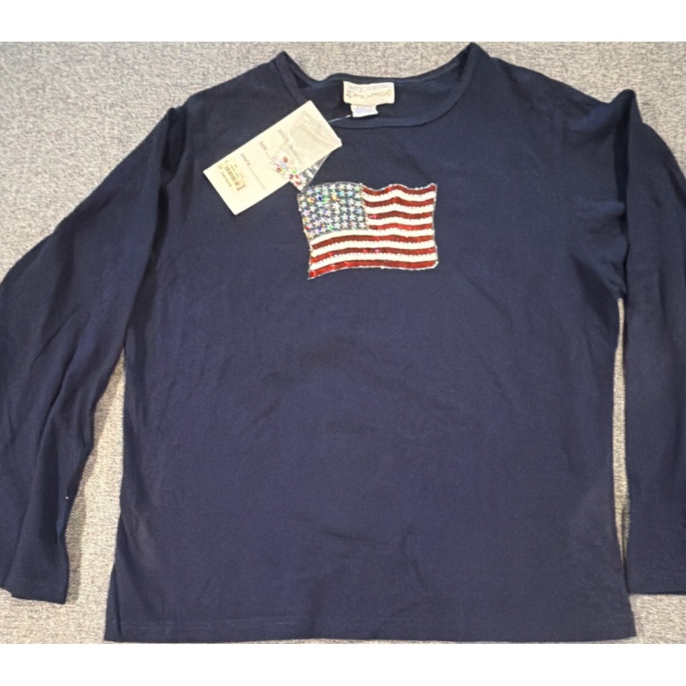 Casey Coleman Knit T-Shirt Long Sleeve Sequin Flag Round Neck Navy Women M. Y2K